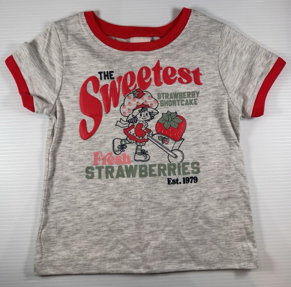 Strawberry Shortcake Girls 5T Gray Red Ringer Graphic Tee Retro Vintage Style